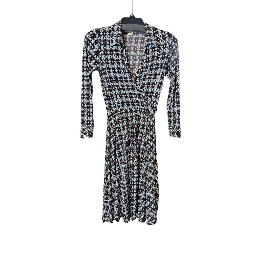 Donutz Inc Vintage Wrap Dress Brown Blue Floral Geometric Long Sleeve Medium